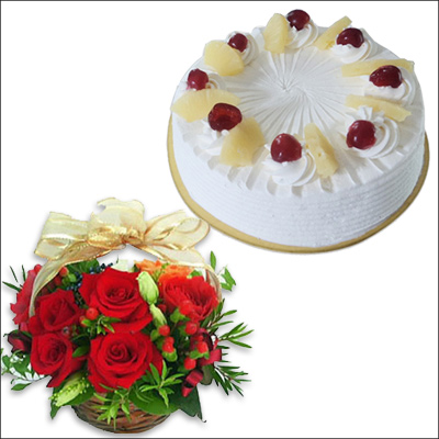 "Pine apple cake- Half KG , 15 Red Roses Basket - Click here to View more details about this Product